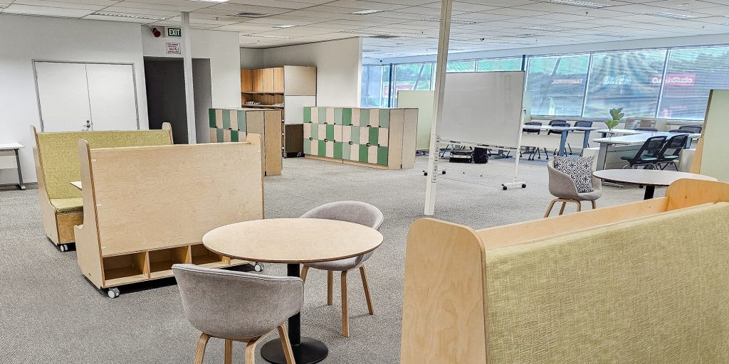 North West Creative college tub chair, birch cubbys and booth seating