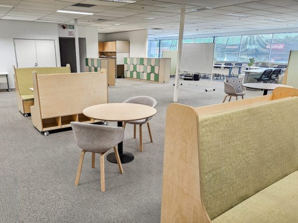 North West Creative college tub chair, birch cubbys and booth seating