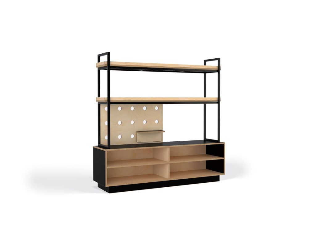 LSG open tier storage shelving with black steel frame and black HPL plywood panels